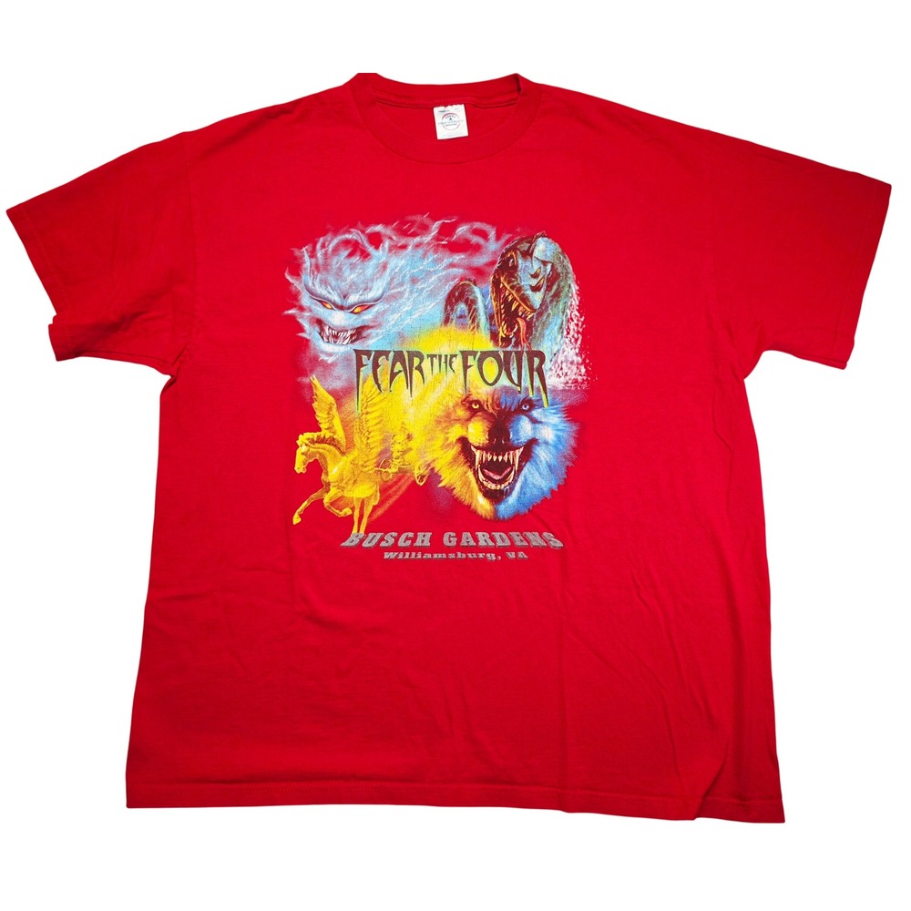Vtg Busch Gardens Williamsburg Fear the Four Graphic T-Shirt Red Mens XL Delta